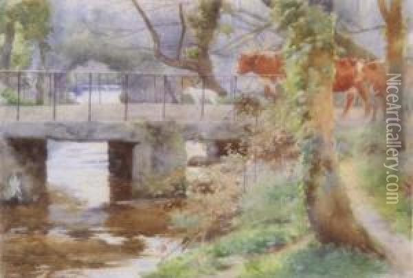 Cattle On A Stone Bridge Initialled And Dated '99 7.5 X 11in Oil Painting - Ralph Todd