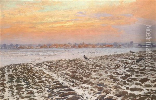 Krahen Am Winterfeld Bei Sonnenuntergang Oil Painting - Michael Gorstkin-Wywiorski