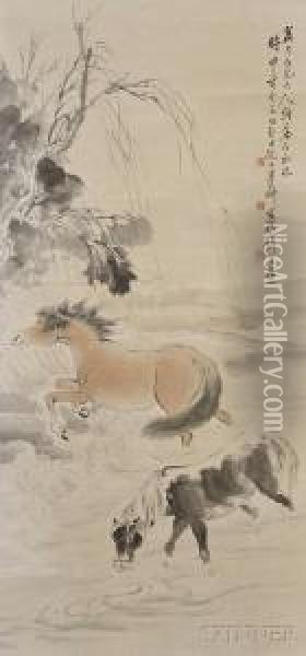 Depiction Of Two Horses Resting Anddrinking Water From A Stream Oil Painting - Ni Tian