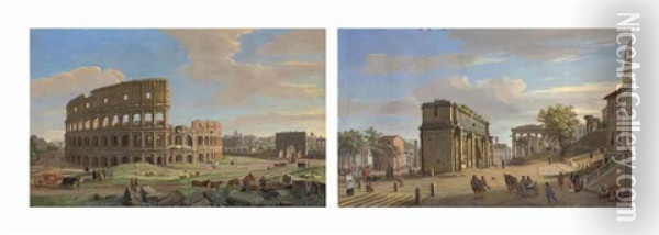 The Coliseum, Rome, With The Arch Of Constantine (+ The Arch Of Septimius Severus, Rome, With The Temple Of Saturn; Pair) Oil Painting - Gaspar van Wittel