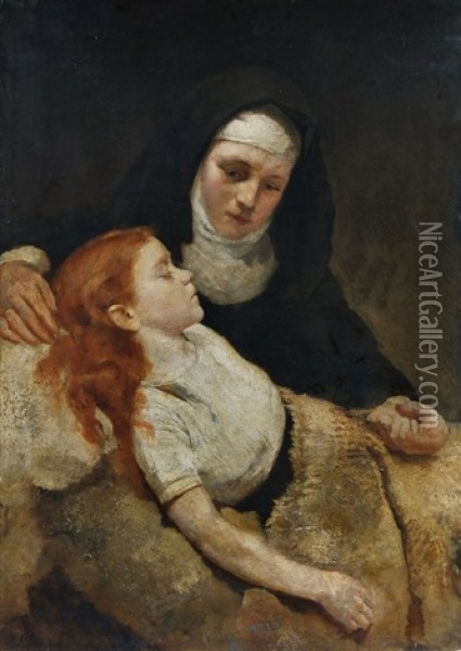 Ordensschwester Am Bett Eines Kranken Madchen Oil Painting - Ermenegildo Antonio Donadini