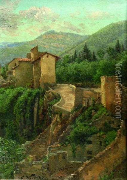 Ein Dorf Im Gebirge (sudtirol?). Oil Painting - Carl Wuttke