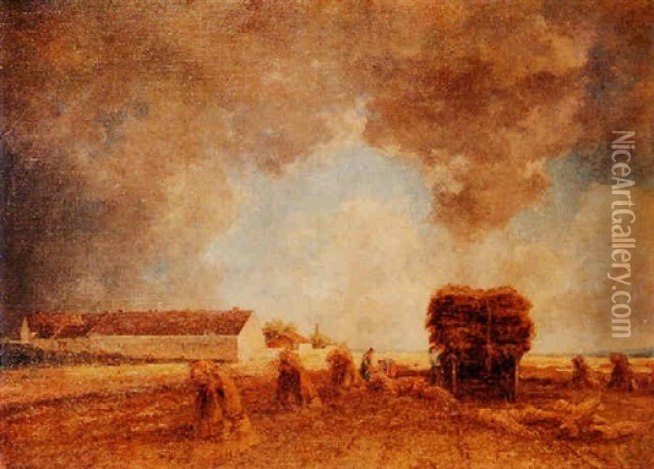Open Landscape With Harvesters Loading Wheatsheaves Onto A Wagon, Storm Clouds Gathering Above Oil Painting - Philipp Roeth
