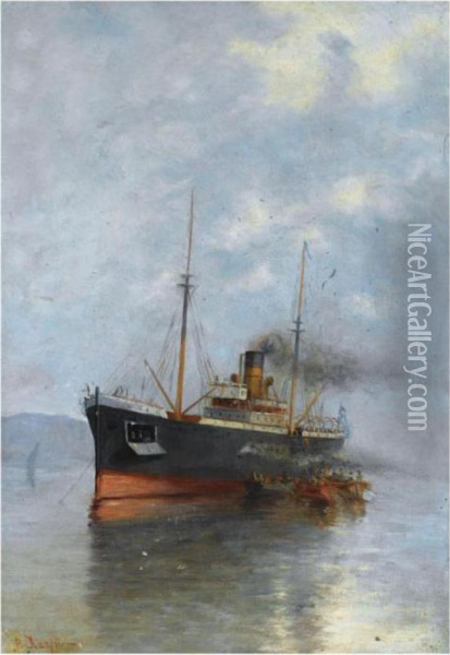 Embarking The Steamship Oil Painting - Vassilios Chatzis