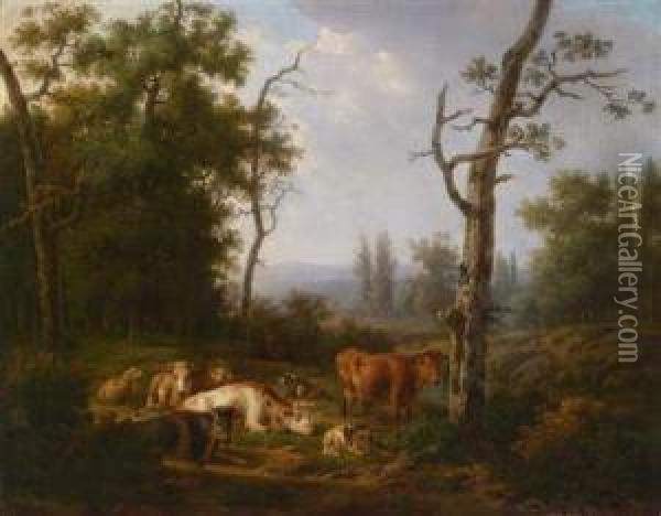 A Wooded Landscape With Restingcattle Oil Painting - Jacob Van Stry