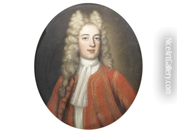 Portrait Of A Gentleman, Bust-length, In A Red Velvet Coat Oil Painting - Michael Dahl