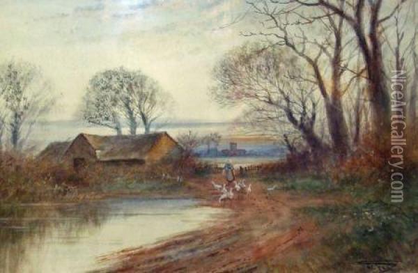 Woman And Geese In Country Landscape Oil Painting - Henry Charles Fox
