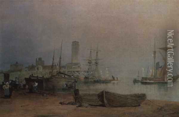 North Shields, Boats Anchored Near The Low Light Oil Painting - Thomas Miles Richardson the Elder
