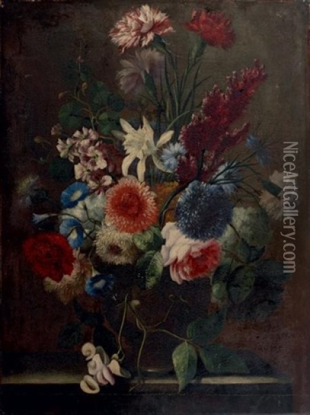 Bouquet De Fleurs Dans Un Vase Pose Sur Un Entablement Oil Painting - Karel van Vogelaer