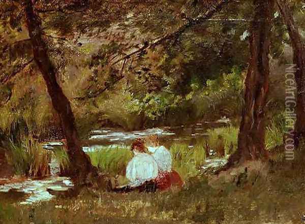 Two Women Seated By A Woodland Stream Oil Painting - Mary Cassatt