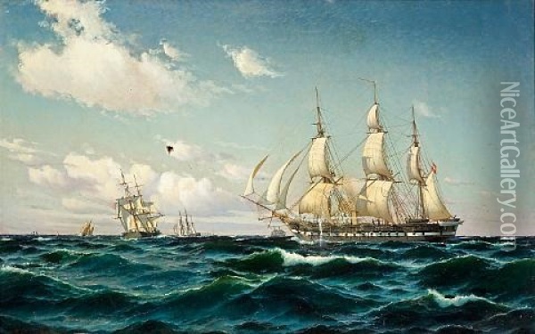The Frigate "fyen" In A Light Breeze Oil Painting - Carl Ludvig Thilson Locher