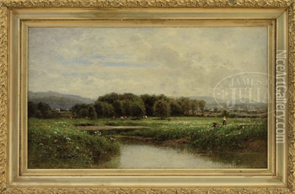 Panoramic River Landscape With Grazing Cows Oil Painting - John Bunyan Bristol
