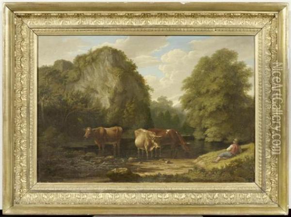 River Landscape With Cows And A Herd. Oil Painting - Phillip Hutchins Rogers