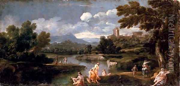 Figures bathing in an extensive river landscape Oil Painting - Giovanni Francesco Grimaldi
