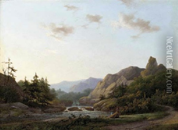Travellers In An Extensive Wooded River Landscape Oil Painting - Marinus Adrianus Koekkoek