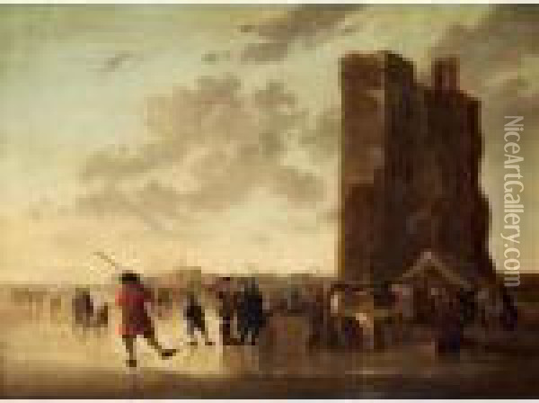 A Winter River Landscape With Skaters Before The Huis Te Merwede Near Dordrecht Oil Painting - Aelbert Cuyp