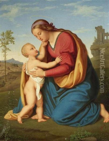 Madonna With Christ In Front Of A Landscape Oil Painting - Bernhard Endres