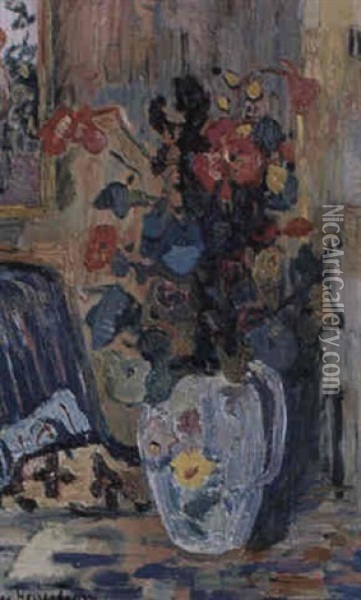 Interior Med Blommor I Vas Oil Painting - Eric C. Hallstroem