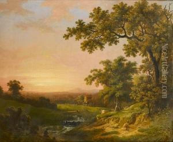 A River Landscape At Sunset With A Fisherman On The Bank In The Foreground Oil Painting - Abraham Pether
