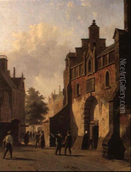 Villagers On A Town Square Oil Painting - Adrianus Eversen