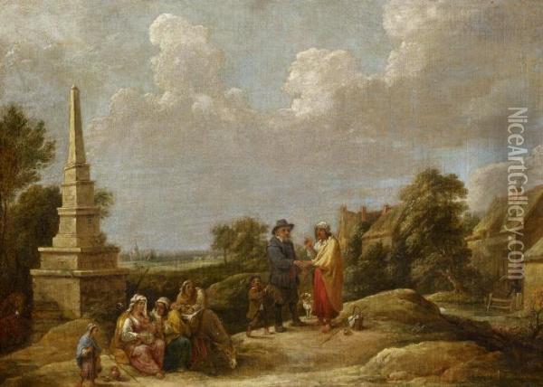 Village Landscape With An Obelisk Oil Painting - David The Younger Teniers