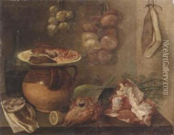 A Sheep's Head, Lemon, Bottle 
And An Earthenware Jar Covered By A Dish With Animal Lights, With Fennel
 On A Table Top, Onions, Garlic And A Ham Hanging On The Wall Beyond Oil Painting - Carlo Magini