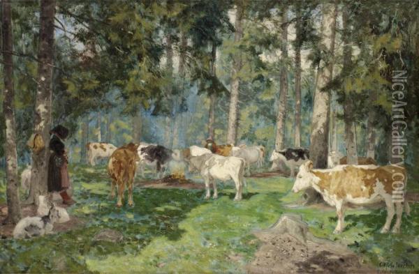 Kor Med Vallflicka Oil Painting - Olof Arborelius