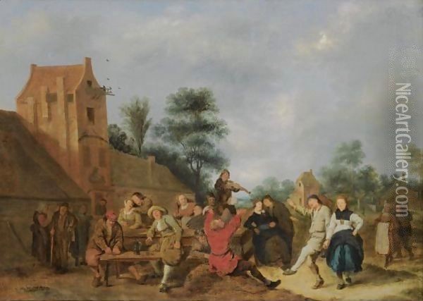 A Merry Company Outside An Inn Oil Painting - Jan Miense Molenaer