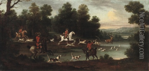 An Extensive Wooded River Landscape With A Hunting Party Pursuing A Deer Oil Painting - Johann Elias Ridinger
