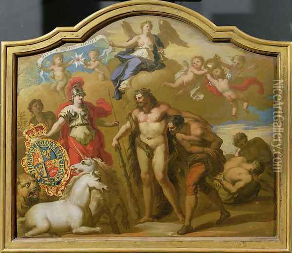 Allegory of the Power of Great Britain by Land, design for a decorative panel for George Is ceremonial coach, c.1718 Oil Painting - Sir James Thornhill