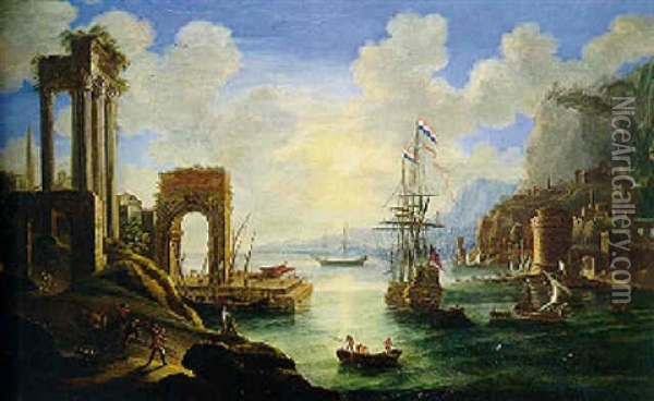 Vue D'un Port Imaginaire En Mediterranee Oil Painting - Orazio Grevenbroeck