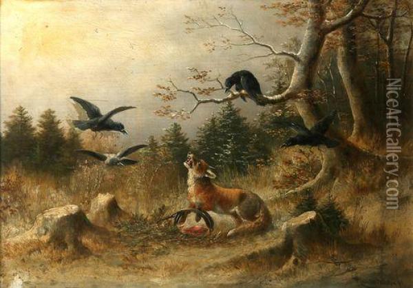 A Trapped Fox Surmounted Byrovers In A Landscape Oil Painting - Moritz Ii Muller