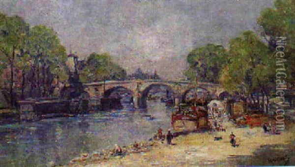Paris; Les Quais, Le Pont Neuf Oil Painting - Gustave Madelain