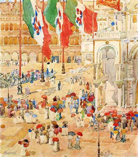 Piazza Of St Marks Aka The Piazza Flags Venice Oil Painting - Maurice Brazil Prendergast