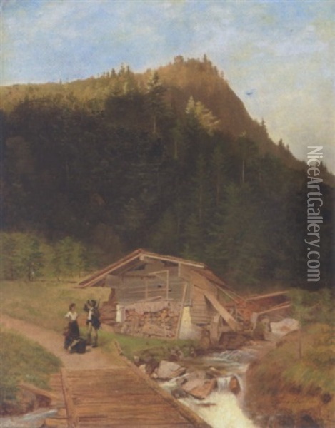 Italiensk Familie, Der Holder Hvil Ved En Vandmolle I Alperne Oil Painting - Heinrich Buntzen