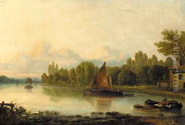 Boats on a tranquil river Oil Painting - Ramsay Richard Reinagle