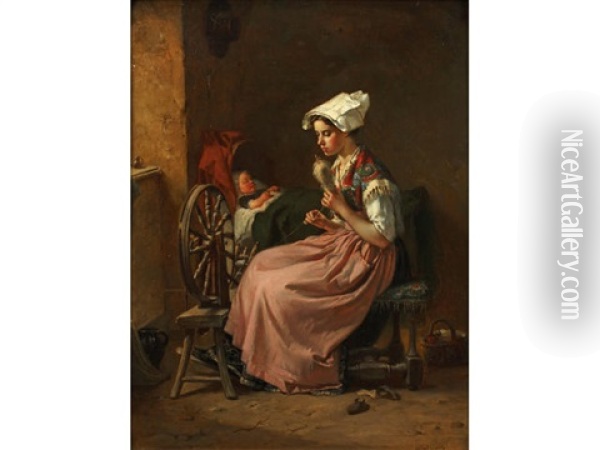 Young Woman Spinning At A Child's Bedside Oil Painting - Francois-Louis Lanfant