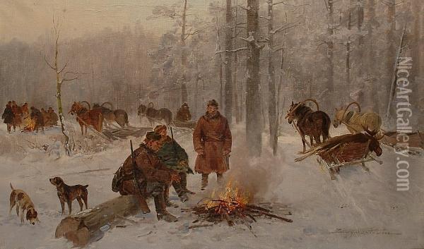 Huntsmen In A Winter Woodland Landscape Gathered Around A Fire. Oil Painting - Ignacy (Czeslaw Wasilewski) Zygmuntowicz
