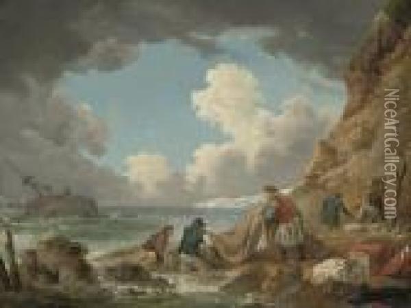 A Coastal Inlet With A Ship Wreck And Wreckers On The Shore Oil Painting - George Morland