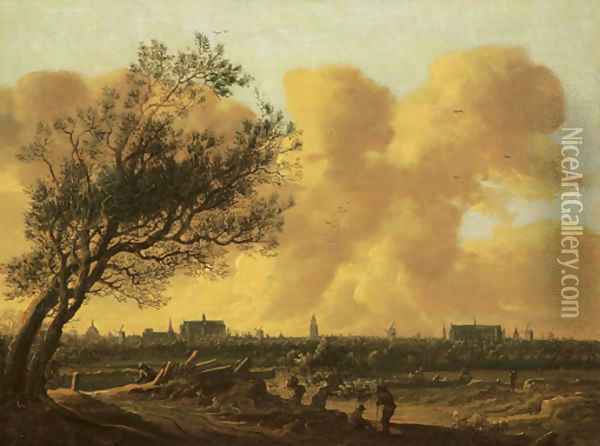 A panaromic view of Leiden with figures under a tree in the foreground Oil Painting - Anthony Jansz van der Croos