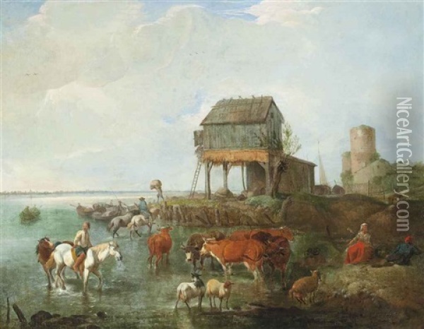 An Estuary With Drovers Watering Their Cattle And Fishermen Loading Their Boats Oil Painting - Balthasar Paul Ommeganck