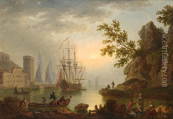 Fishermen And Other Figures Resting On A Rock Oil Painting - Claude-joseph Vernet