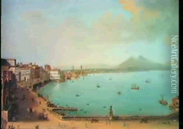 Naples From Santa Lucia; And The Bay Of Pozzuoli With The   Port Of Baia And The Islands Of Nisida, Procida, Ischia Oil Painting - Antonio Joli