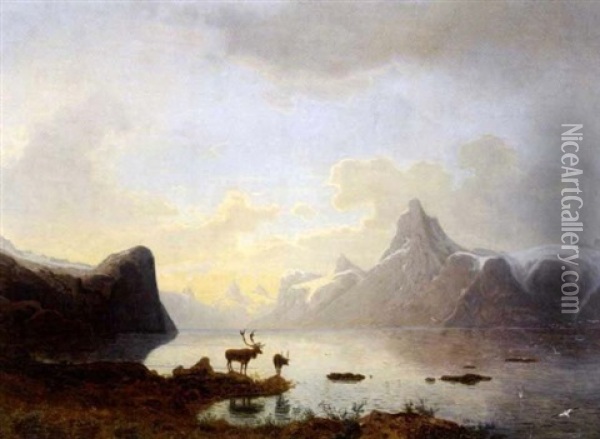 Fjellandskap Med Reinsdyr Oil Painting - Gustav Adolph Mordt