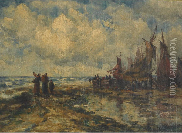 Fisherfolk Meeting The Incoming Boat Oil Painting - Robert B. Hopkin