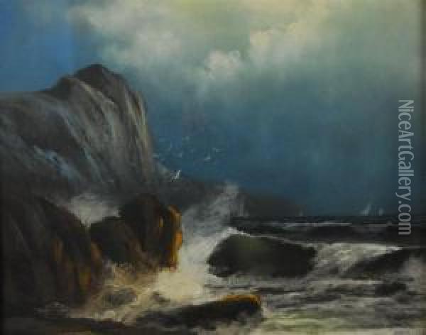Coastal View Of Crashing Waves Oil Painting - D.A. Fisher