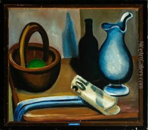 Stilleben With Jug, Bottle, Bowl And Newspaper Oil Painting - Otto Sievert