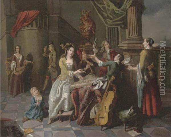 Elegant Company Making Music At A Table On A Terrace Oil Painting - Pieter Angillis