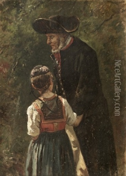 Aeldre Herre Med Hat Og En Lille Pige I Folkedragt Oil Painting - Wilhelm Nicolai Marstrand