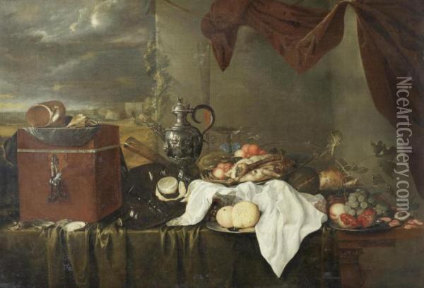 A Still Life Of Shells On A 
Velvet Covered Box, Beside Oysters, A Silver Ewer, Glasses, Bottles, A 
White Cloth And Silver Dishes Of Meat And Fruit On A Table Draped With A
 Green Cloth, Beneath A Mauve Curtain, A View Of A Coastal Landscape 
Beyond Oil Painting - Jan Davidsz De Heem